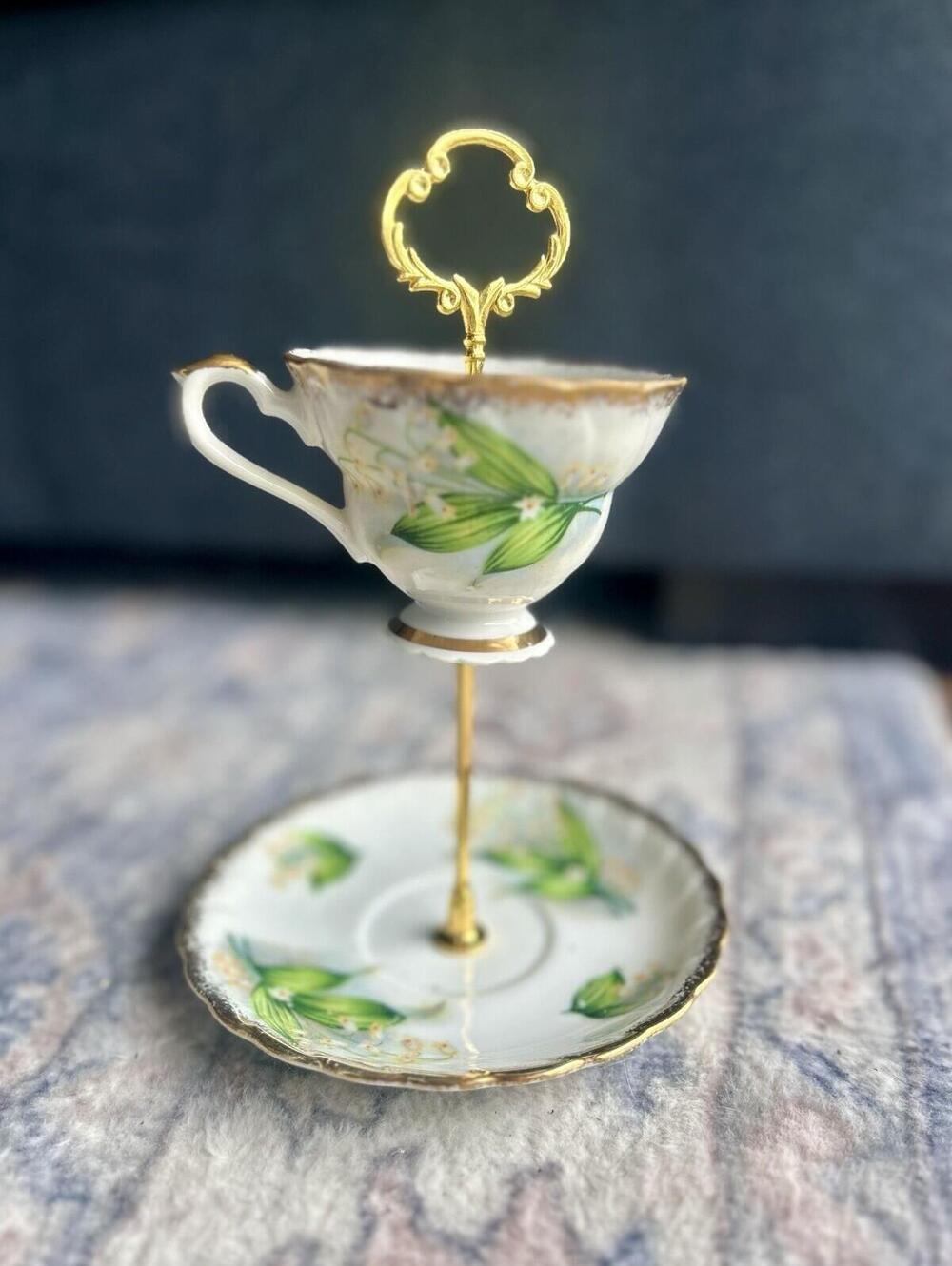 Tiered Teacup and Saucer Vintage, Gold Color, Floral for Jewelry/Display